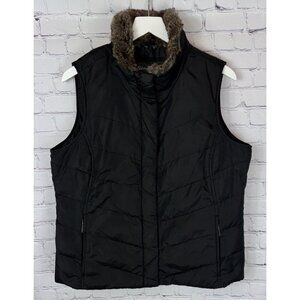 EDDIE BAUER Premium Goose Down Vest Faux Fur Collar Black Puffer Women's Large